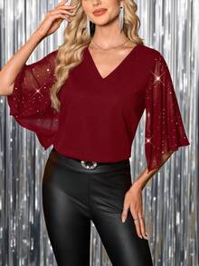 SHEIN Clasi Women's Fashionable Elegant Sequin V-Neck T-Shirt, Suitable For Party Burgundy Blouse - Burgundy - View 10