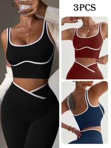 3pcs/Set Women's Seamless Sports Camisole, Contrast Trim Design - Multicolor - View 1