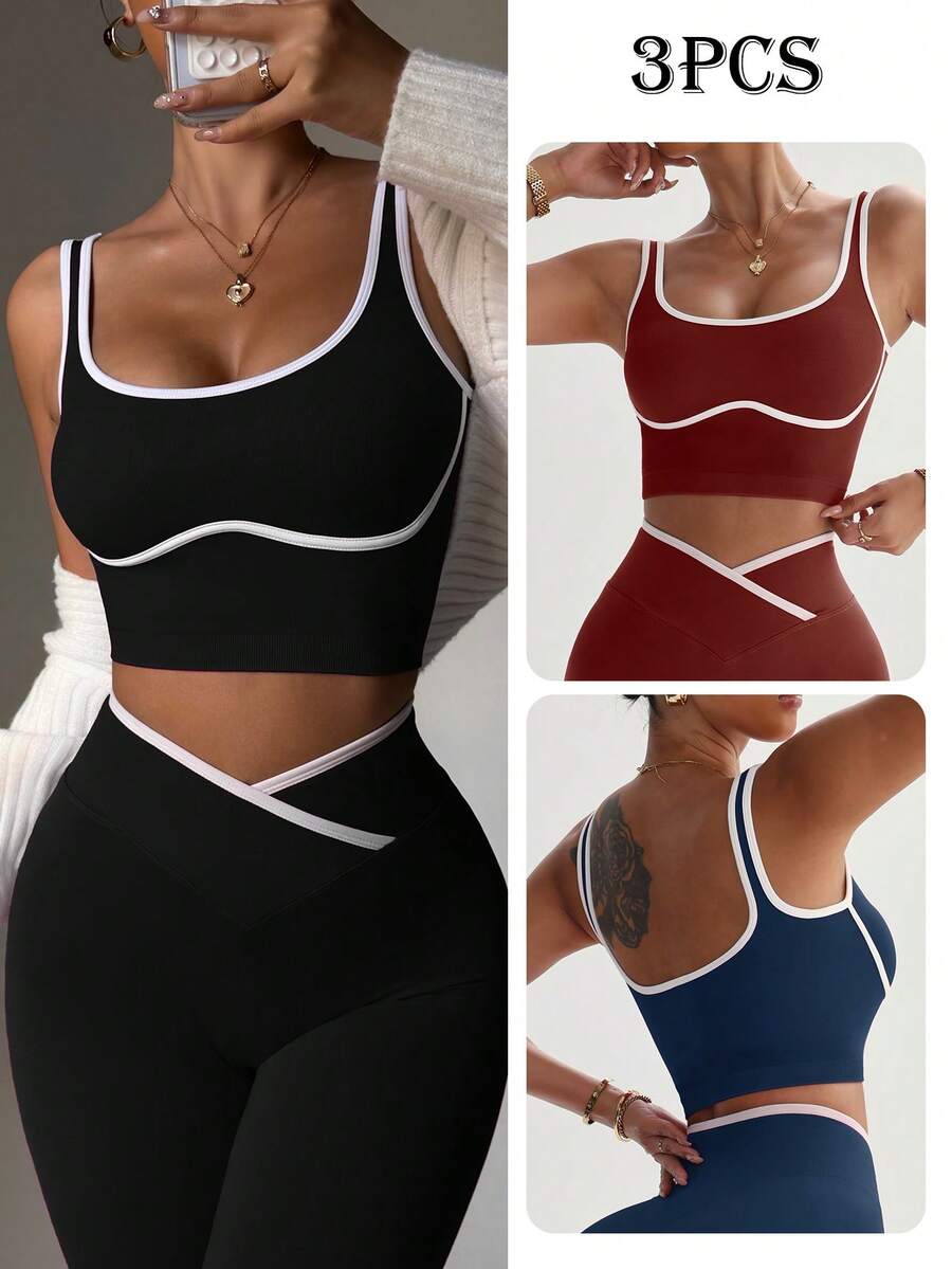 3pcs/Set Women's Seamless Sports Camisole, Contrast Trim Design - Multicolor - View 1