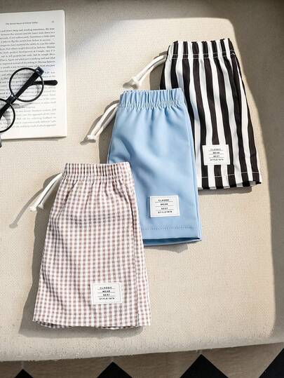 Souflis Souflis 3pcs Infant & Toddler Boys' Casual Khaki Plaid, Black & White Stripe, Solid Color Shorts, Summer Essentials For Daily Wear, Vacation & Outings Boys Checkered Shorts 3 Piece Babyboy Short