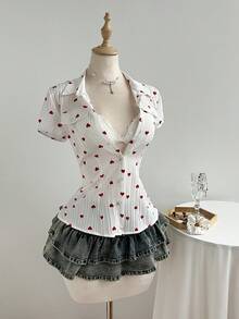 Elamini Women's White Textured Heart Short Sleeve Slim Fit Blouse - Multicolor - View 1