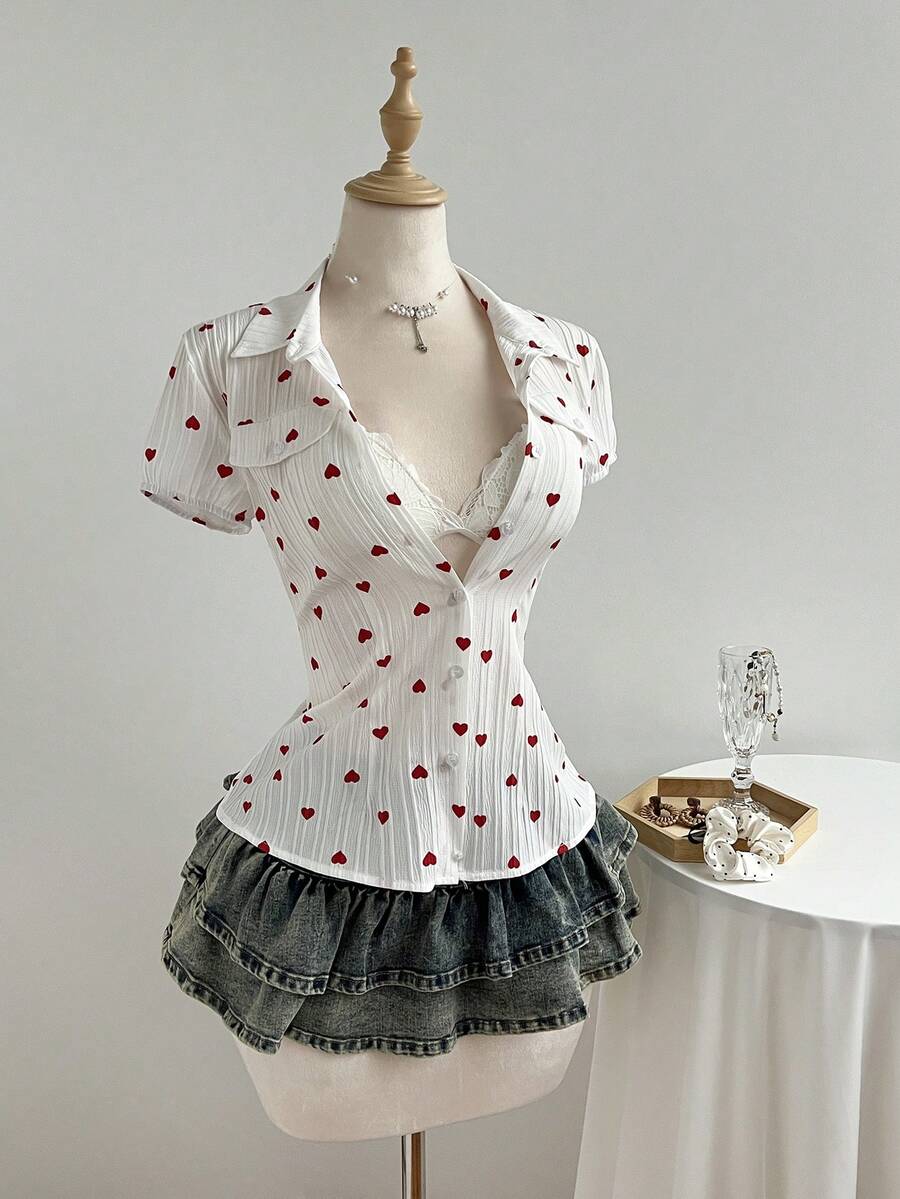 Elamini Women's White Textured Heart Short Sleeve Slim Fit Blouse - Multicolor - View 1