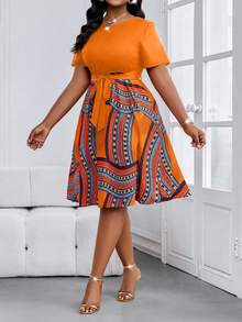 SHEIN Lady Đầm midi tay ngắn dáng suông, thắt eo, cổ tròn, kiểu dáng boho, thanh lịch, thích hợp cho công sở mùa xuân và hè, cỡ lớn. - Nhiều màu - Xem 3