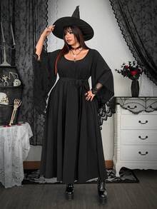 Whyspr 春、秋、冬皆宜，百搭优雅时尚暗黑哥特风蝙蝠袖网纱蕾丝饰边腰带A字连衣裙，哥特洛丽塔长裙，女士 - 黑色 - 查看 4