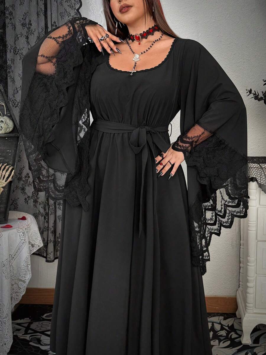 Whyspr 春、秋、冬皆宜，百搭优雅时尚暗黑哥特风蝙蝠袖网纱蕾丝饰边腰带A字连衣裙，哥特洛丽塔长裙，女士 - 黑色 - 查看 1