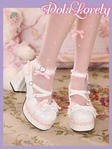 Dola Lovely 女士时尚甜美蝴蝶结装饰蕾丝边防水厚底高跟鞋 - 白色 - 查看 6