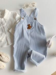 SHEIN Kids Boys Cute Bear Embroidered Striped Bib Overalls Romper, Comfortable Versatile Casual All-Match Outfit, Suitable For Indoor, Outdoor, Daily Wear, Sports, Play, Party, Festival, Halloween, Christmas, New Year, Spring/Autumn