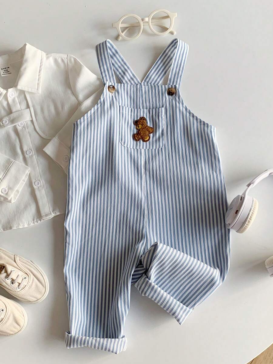 SHEIN Kids Boys Cute Bear Embroidered Striped Bib Overalls Romper, Comfortable Versatile Casual All-Match Outfit, Suitable For Indoor, Outdoor, Daily Wear, Sports, Play, Party, Festival, Halloween, Christmas, New Year, Spring/Autumn