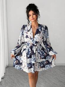 Elenzga Đầm cỡ lớn dành cho nữ, cổ chữ V, tay phồng, viền bèo nhún đôi, họa tiết hoa. - Nhiều màu - Xem 3