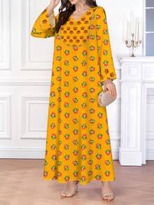 SHEIN Najma 女士复古花卉郁金香图案数码印花V领长袖优雅阿拉伯风格连衣裙，适合春秋季穿着 - 彩色 - 查看 3