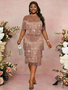 SHEIN Lady Plus Size Fringe Decor Fashion Round Neck Khaki Dress Women's Formal Dresses, Women's Elegant Dresses, Women's Elegant Party Dresses, New Year's Dresses, Winter Dresses, Shimmering Dresses, Women's Floral Dresses, Women's Gold Dresses, Women's Luxury Dresses, Brocade Jacquard Dresses, Women's Church Gowns, Dubai Robes, Women's Luxurious Shimmering Dresses, Wedding Party Dresses.Spring Outfit Women  Fringe Dress Plus Size Flapper Dress Plus Size Rose Gold Dress Plus Sequin Dress Plus Size Slay Diva Dress Summer Dress  Beach Dress  Party Dress - Dusty Pink - View 3