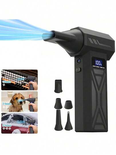مروحة نفث توربينية، نافخ هواء إعصاري، نافخ هواء كهربائي لاسلكي، طقم إضاءة LED وفوهات متعددة لتنظيف أوراق الشجر والحاسوب/السيارة