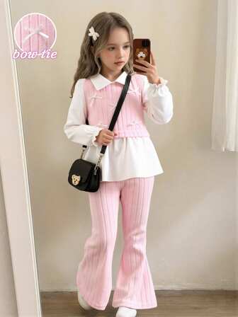 Genkimix Kids Girls' Casual Shirt Set, White Bow Decor, Pink Knitted Ribbed Fabric Patchwork, White Long Sleeve Collared Ruffle Hem Blouse Top Paired With Pink Casual Flared Pants, 2pcs Set, Suitable For Back To School, Casual, Fashion, Sweet, Cute, Lady Daily Outings And Travel Photography