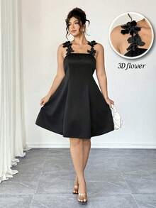 Elenzga 大码女式优雅3D立体花卉装饰黑色纹理面料修身吊带连衣裙，收腰设计，A字廓形，显瘦，适合返校、毕业典礼、情人节、音乐节、母亲节、万圣节、感恩节、复活节、国庆节、晚会、约会、派对、婚礼、户外活动等场合。 - 黑色 - 查看 1