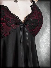 SHEIN ICON 大码女式花卉蕾丝拼接蝴蝶结装饰时尚吊带背心 - 酒紅色 - 查看 9