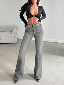 RueChic Women's High Waist Pockets Casual Versatile Flare Leg Jeans - Grey - View 5