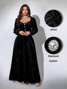 Viva Relle Plus Size Women's Elegant Romantic Party Dress, V-Neck Long Sleeve Velvet Sequin Embellished Fit & Flare Maxi Dress For New Year, Christmas, Holiday Ball, Red - Black - View 1