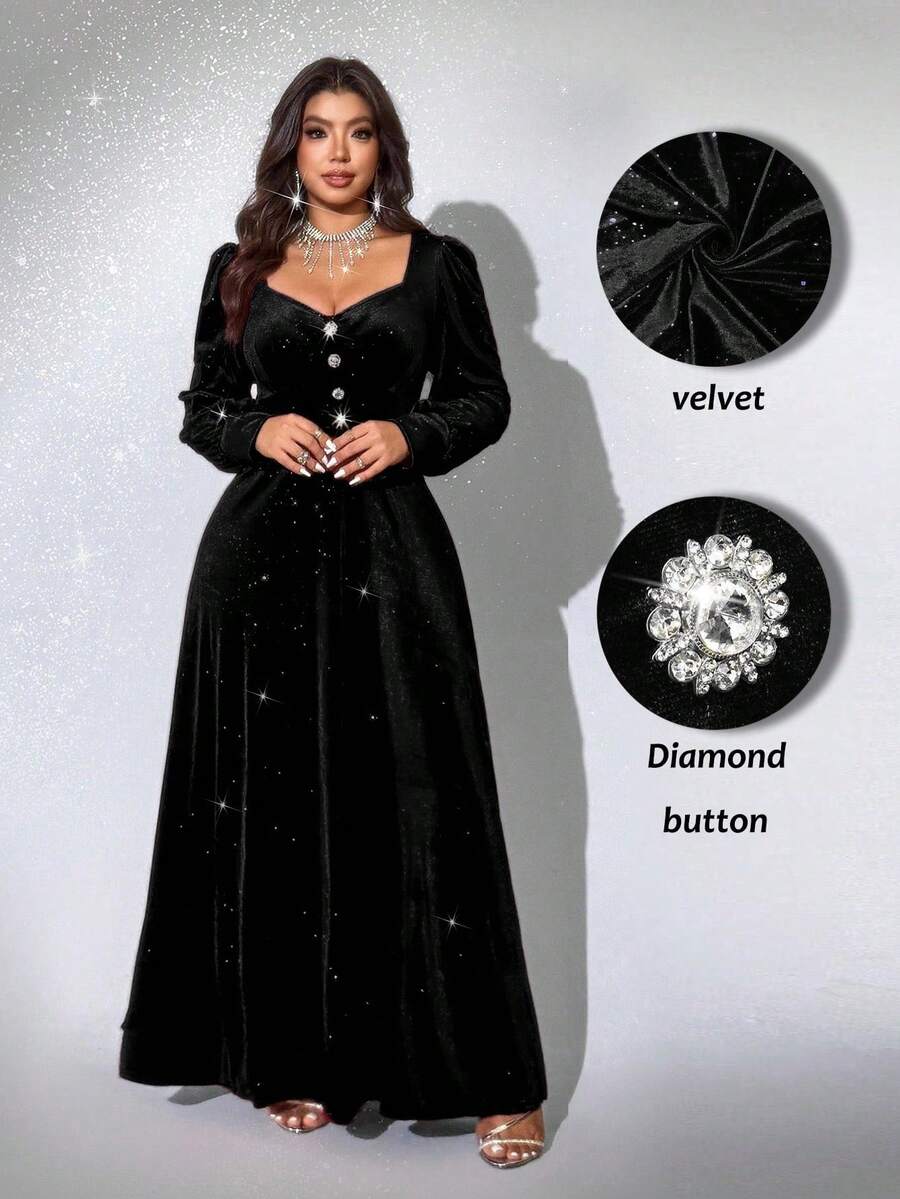 Viva Relle Plus Size Women's Elegant Romantic Party Dress, V-Neck Long Sleeve Velvet Sequin Embellished Fit & Flare Maxi Dress For New Year, Christmas, Holiday Ball, Red - Black - View 1
