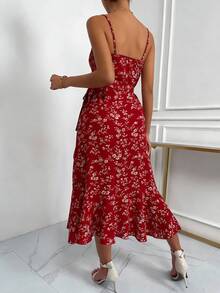 EMERY ROSE 女士碎花蝴蝶结侧开衩连衣裙，春夏款 - 紅色 - 查看 2