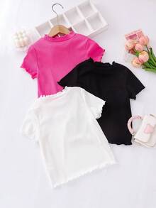 3件套女童经典黑白粉色针织纹理罗纹短袖T恤，带蝴蝶结装饰，适合日常休闲穿着 - 彩色 - 查看 2