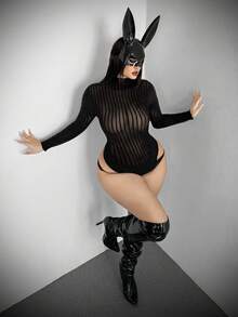 Whyspr 大码女士性感镂空透视条纹连体衣