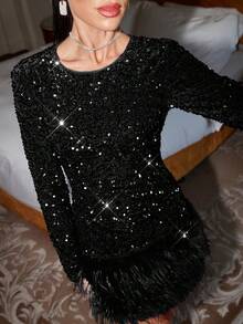 Lavishia Women's Sequin Patchwork Fuzzy Crew Neck Long Sleeve Dress Black Sparkle Dress Party Dress - Black - View 7