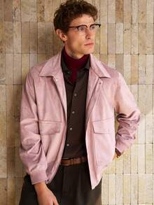 Manfinity Dauomo Áo khoác bomber cổ lông cừu họa tiết đồng xu cổ điển, áo khoác da lộn dành cho nam, trang phục dự tiệc, mùa thu/đông. - Bụi hồng - Xem 8