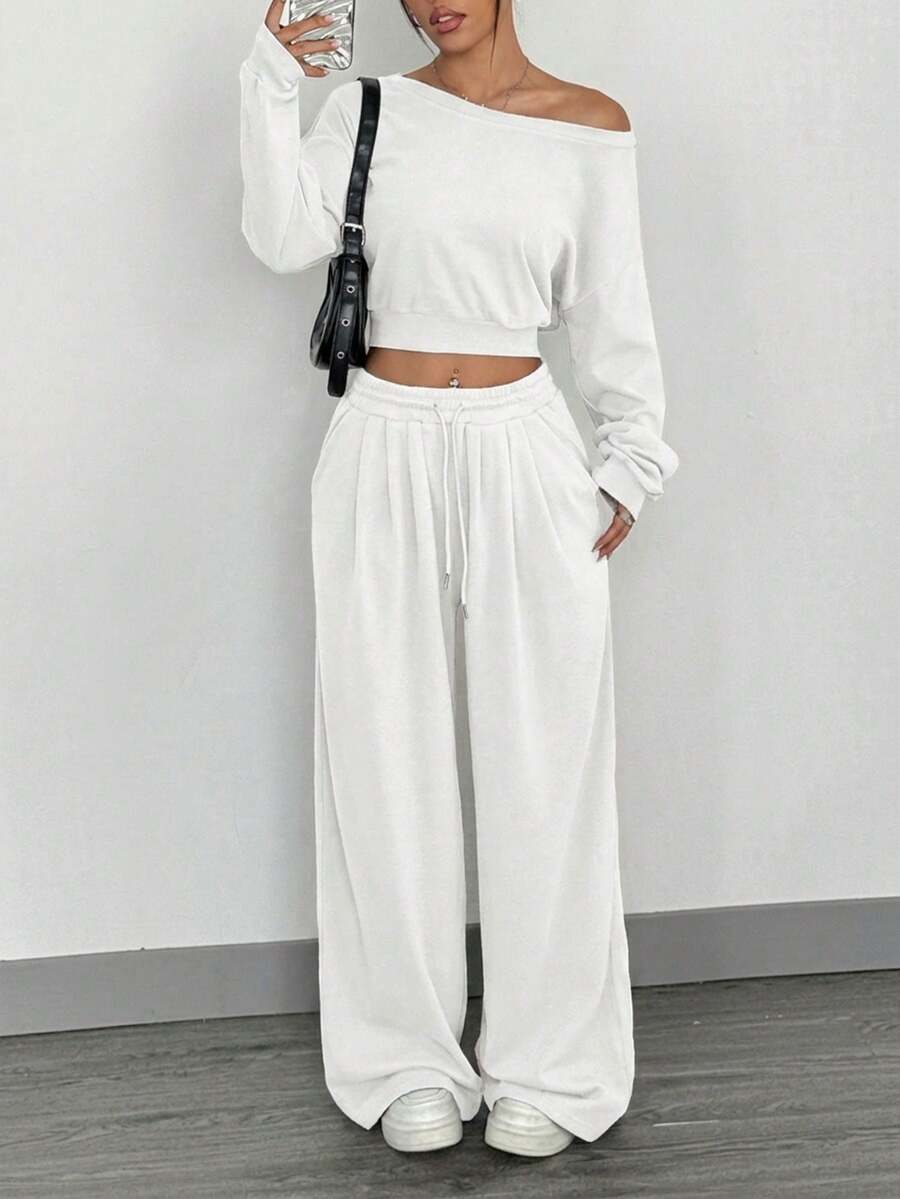 SHEIN EZwear 两件套针织女式斜肩上衣和裤子套装 - 白色 - 查看 1