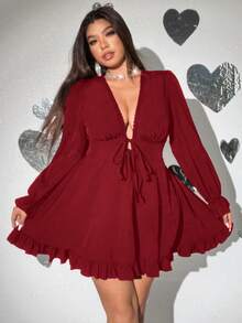 Viva Relle Vestido con escote en V profundo, lazo delantero y volantes, talla grande, para San Valentín - Burdeos - Ver 4