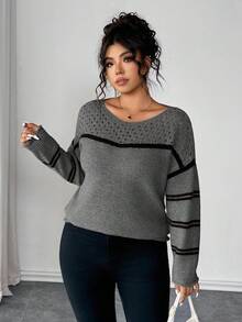Elenzga Plus Size Women Sweater, Knitted Hollow Out Ribbed Hem Colorblock Striped Long Sleeve Pullover Casual Versatile Sweater Plus Size Sweaters Sweater Top - Dark Grey - View 4