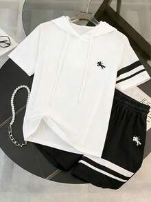 SHEIN LUNE Women's Raglan Sleeve Striped Hooded Drawstring Casual Black Contrast 2 Pieces Set - Black and White - View 6