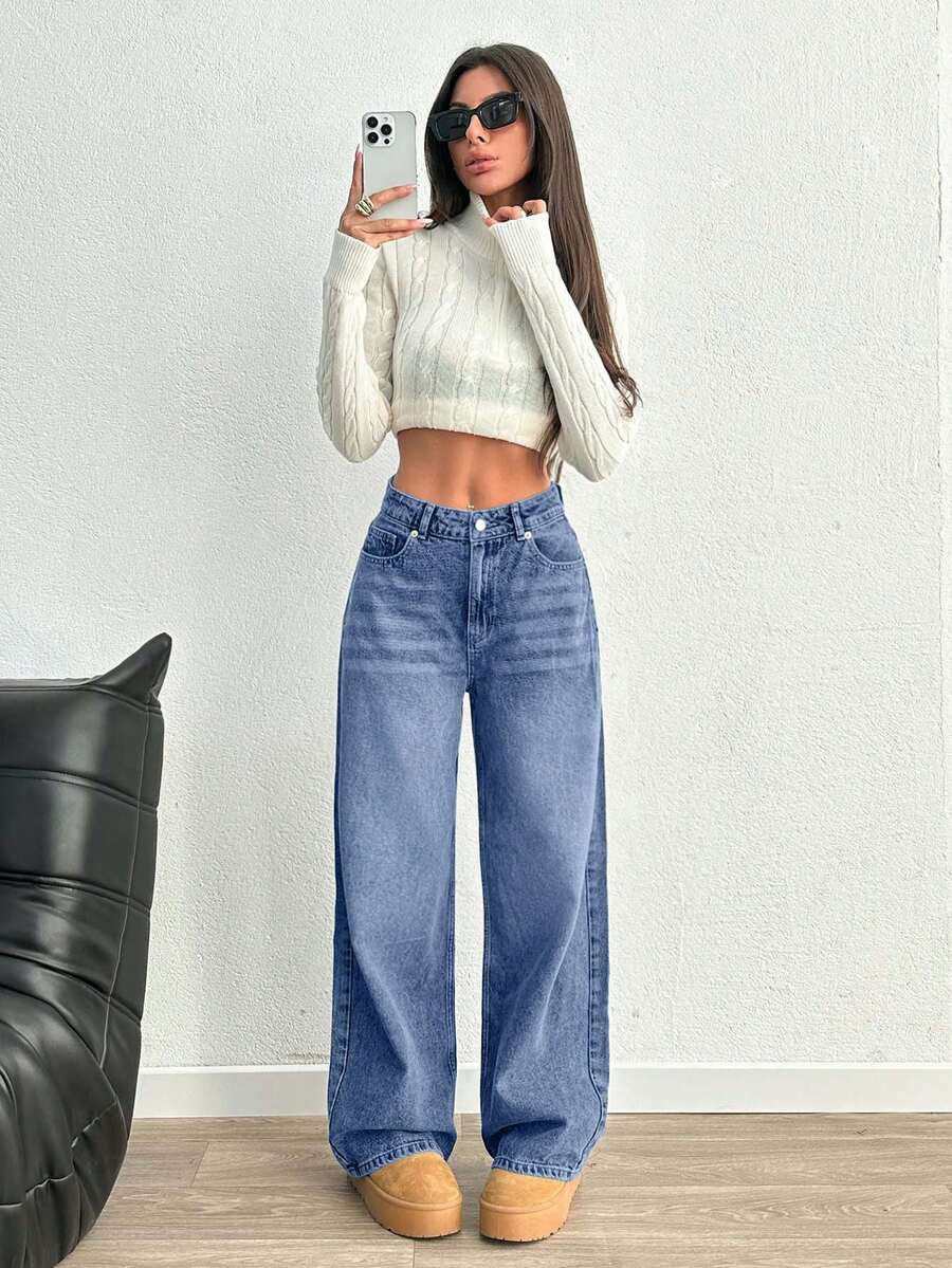 EURMUSE Hochsitzende Weite Bein Y2K Stil Jeans Petite - Babyblau - Übersicht 1