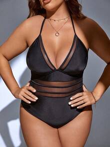 Swim SXY Summer Beach Plus Contrast Mesh Halter One Piece Swimsuit - Black - View 6