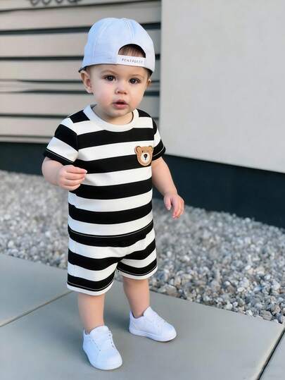 SHEIN 2pcs Toddler Infant Baby Boys Fashion Black & White Striped Comfortable Fabric Round Neck Short Sleeve T-Shirt And Black Elastic Waist Shorts Set, Summer