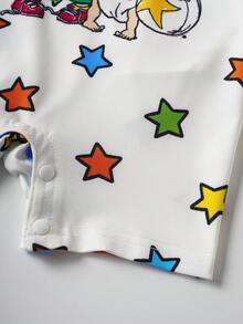 Nick 90s | SHEIN Baby Boy Cute Cartoon Character & Star Letter Graphic Contrast Binding Short Sleeve Comfortable Romper, Summer - Blue and White - View 6