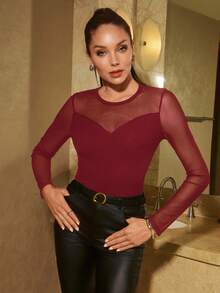 Lavishia Women's Solid Color Mesh Patchwork Sheer Long Sleeve Bodysuit - Burgundy - View 4