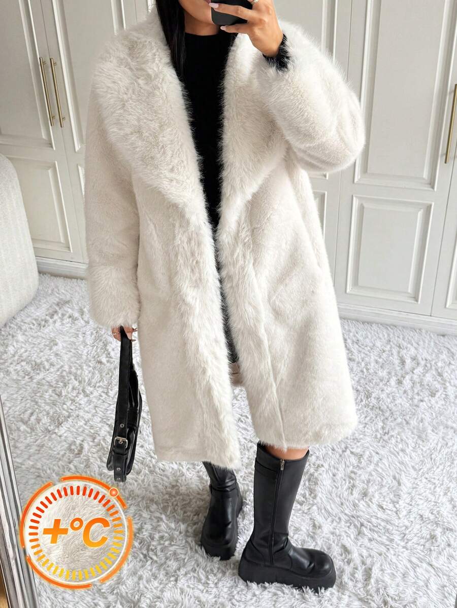 SHEIN EZwear Long Faux Fur Collar White Coat - White - View 1
