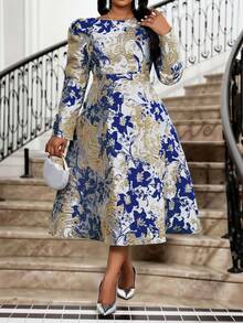 Fleurora 大码女士优雅泡泡袖印花连衣裙 - 寶藍色 - 查看 4