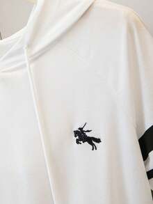 SHEIN LUNE Women's Raglan Sleeve Striped Hooded Drawstring Casual Black Contrast 2 Pieces Set - Black and White - View 4