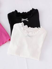 3件套女童经典黑白粉色针织纹理罗纹短袖T恤，带蝴蝶结装饰，适合日常休闲穿着 - 彩色 - 查看 5
