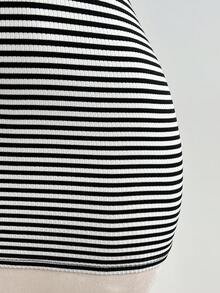 SHEIN Unity 女士黑白条纹镂空短袖修身迷你连衣裙 - 黑與白 - 查看 5