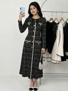 Teen Girl Bow Collar Metal Buckle Deco Long Sleeve A-Line Maxi Elegant Dress, Elegant Plaid Mid Dress, Elegant Black Dress, Suitable For Casual Daily Wear Girls Matching Dresses - Black - View 4