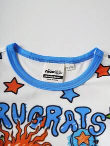 Nick 90s | SHEIN Baby Boy Cute Cartoon Character & Star Letter Graphic Contrast Binding Short Sleeve Comfortable Romper, Summer - Blue and White - View 3