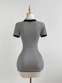 SHEIN Unity 女士黑白条纹镂空短袖修身迷你连衣裙 - 黑與白 - 查看 3
