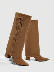 Daringsoles Giày bốt cao đến đầu gối buộc dây mũi nhọn thời trang hàng ngày đa năng cho nữ - màu nâu - Xem 1