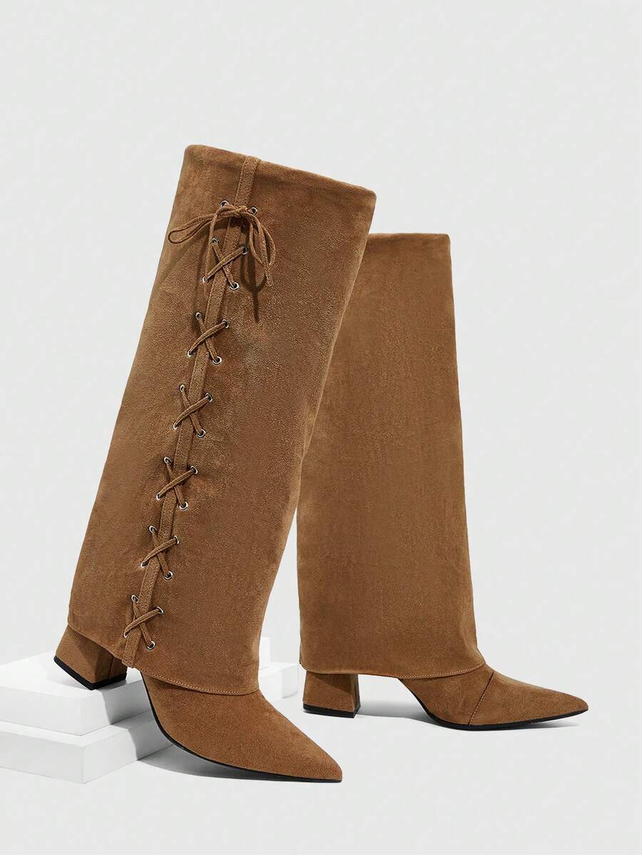 Daringsoles Giày bốt cao đến đầu gối buộc dây mũi nhọn thời trang hàng ngày đa năng cho nữ - màu nâu - Xem 1