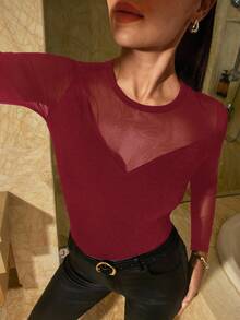 Lavishia Women's Solid Color Mesh Patchwork Sheer Long Sleeve Bodysuit - Burgundy - View 3
