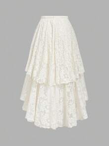 SHEIN MOD 复古皇家花卉提花米色双层裙摆半身裙，前短后长设计，适合约会、派对、生日、节日穿着。 - 杏色 - 查看 2