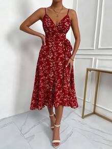 EMERY ROSE 女士碎花蝴蝶结侧开衩连衣裙，春夏款 - 紅色 - 查看 3