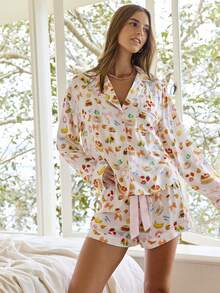 Aralina Women's Fruit & Burger Print Long Sleeve Button-Up Top And Pants Pajama Set - Multicolor - View 6